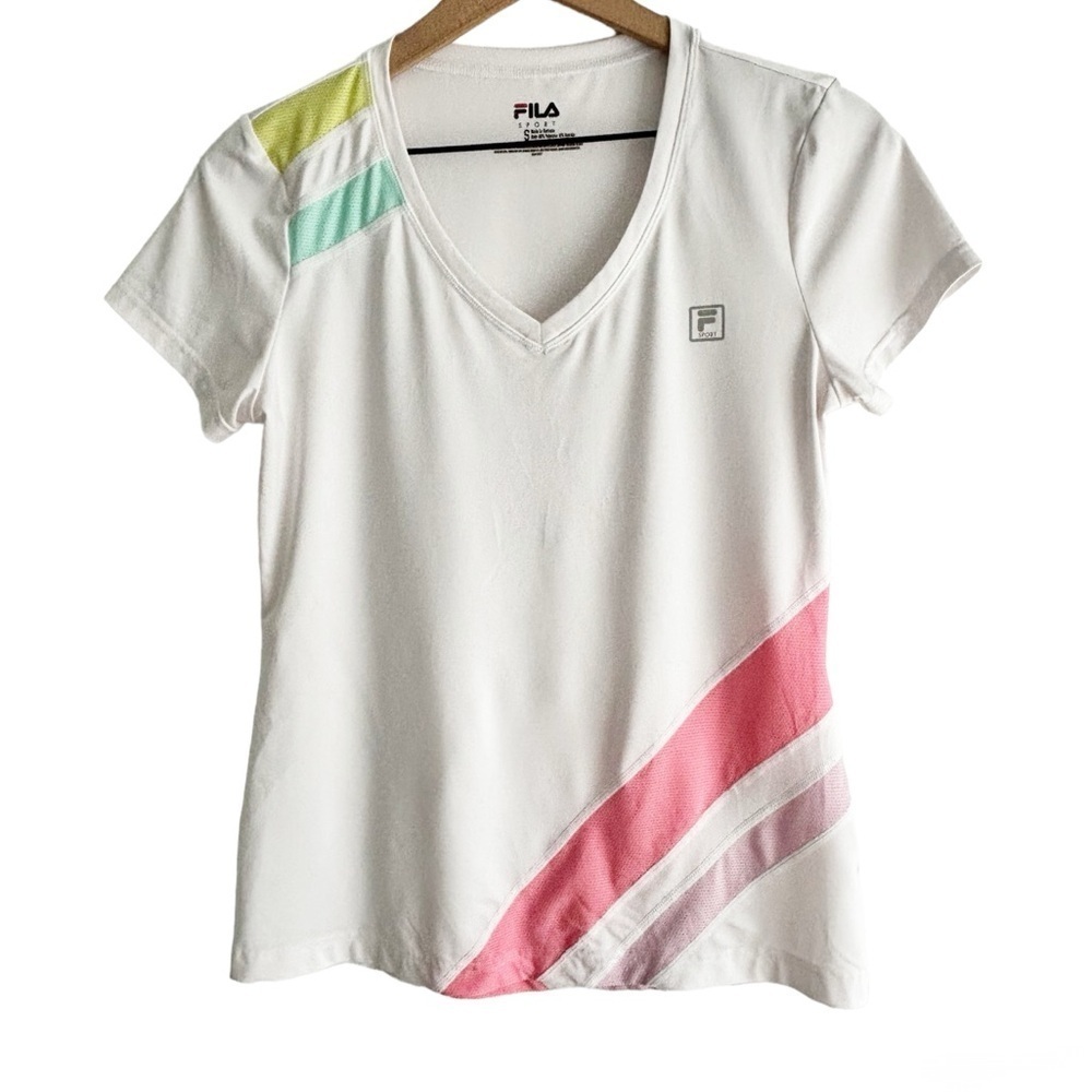 FILA SPORT PERFORMANCE WOMEN WHITE PINK YELLOW TEE SHIRT SIZE SMALL ACTIVEWEAR